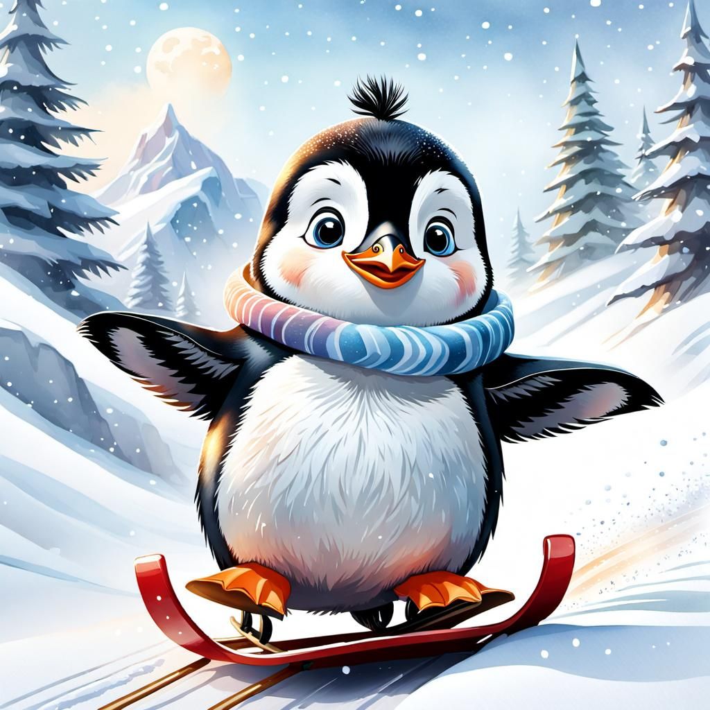 Adorable Penguin Gleefully Sledding Down Snowy Hill