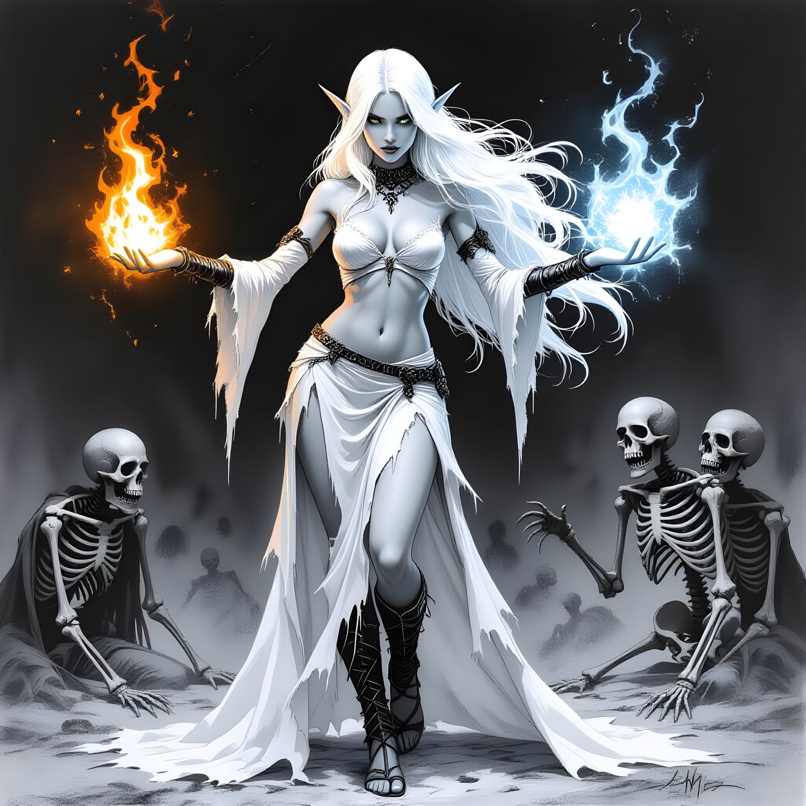Elegant Female Elf in Black and White Sketch Battling Monste...