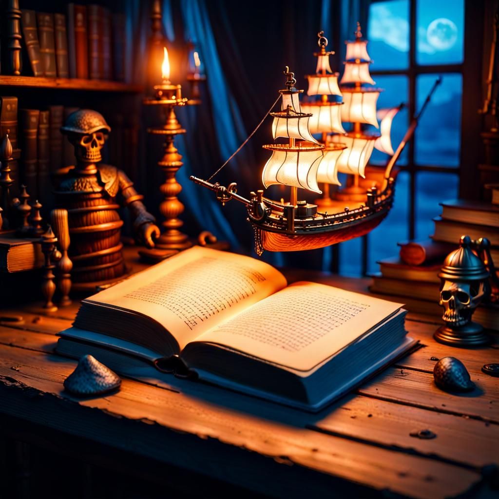 Open Book with Pirate Ship in Magical Realism Style