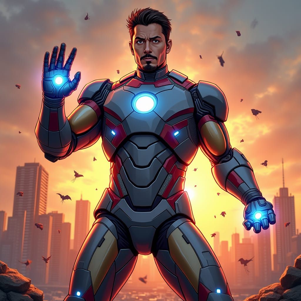 Iron Man in Comic Book Style Cityscape