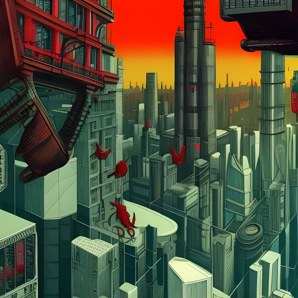 Red Monster in Futuristic Isometric Metropolis