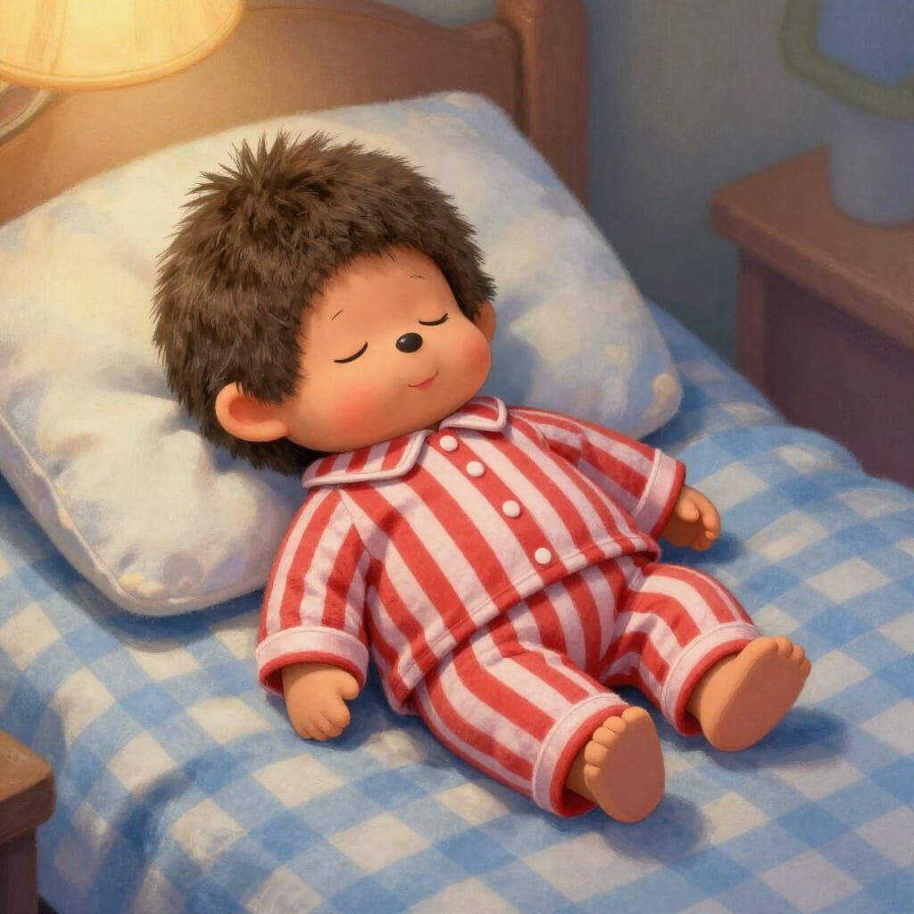 Monchhichi Doll Sleeping Peacefully in Children's Book Style