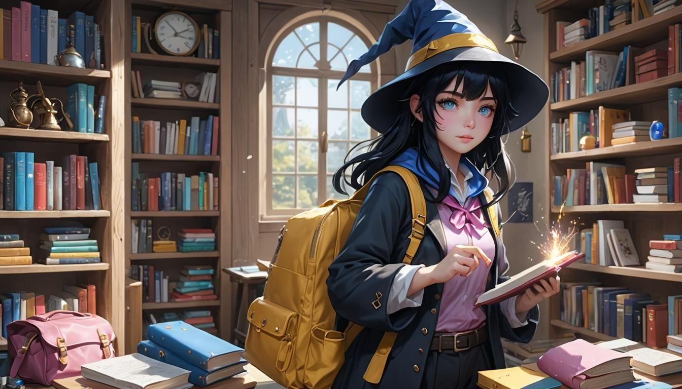 Young Female Wizard Packs Bookbag with Magic