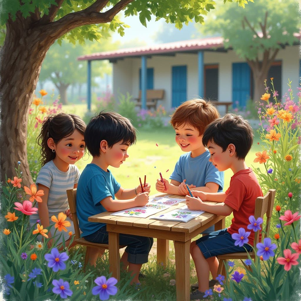 A Vibrant School Garden Scene in Whimsical Watercolor Style