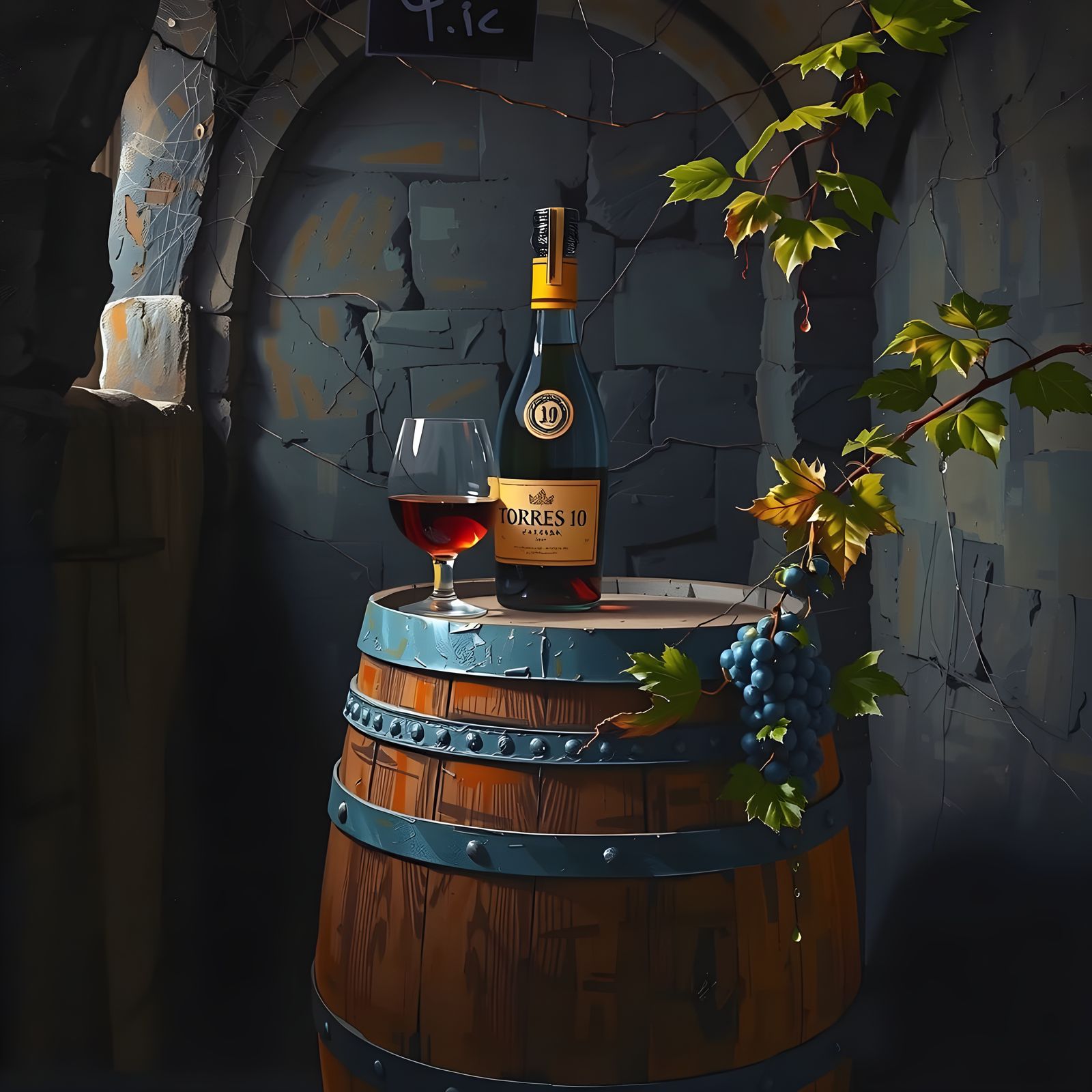 Dimly Lit Wine Cellar in Oil Painting Style