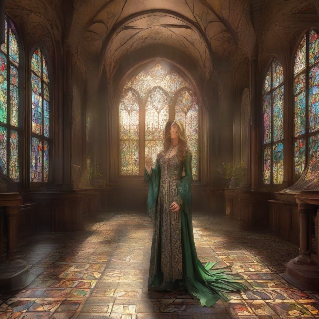 Elven Sorceress in Mystical Library, Cinematic Still