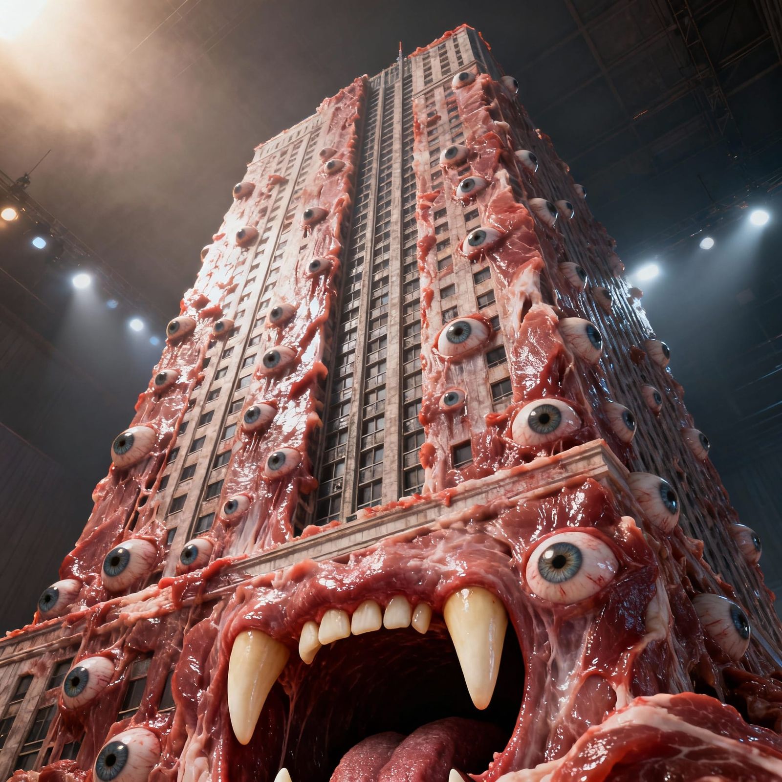 Hyperrealistic Meat Skyscraper with Human Eyes and Teeth