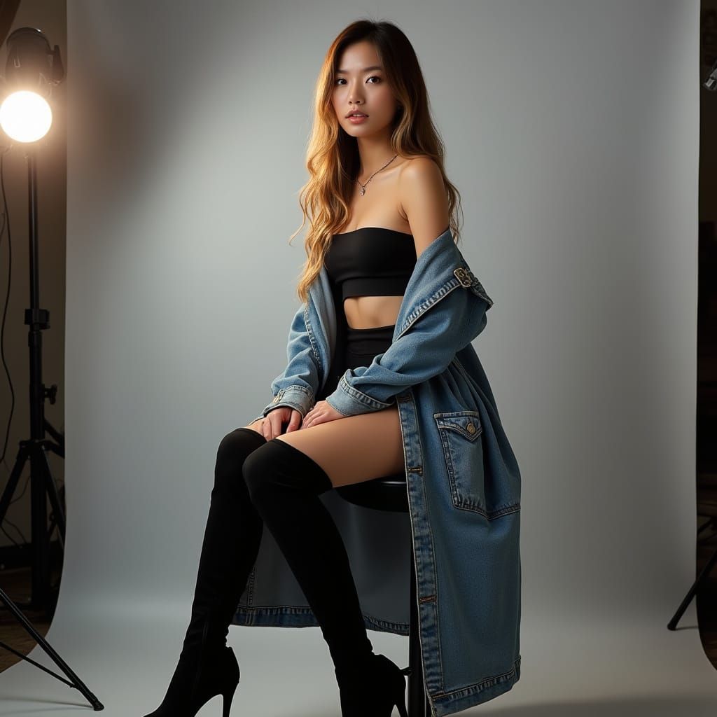 Realistic Portrait of Woman in Denim Trench Coat