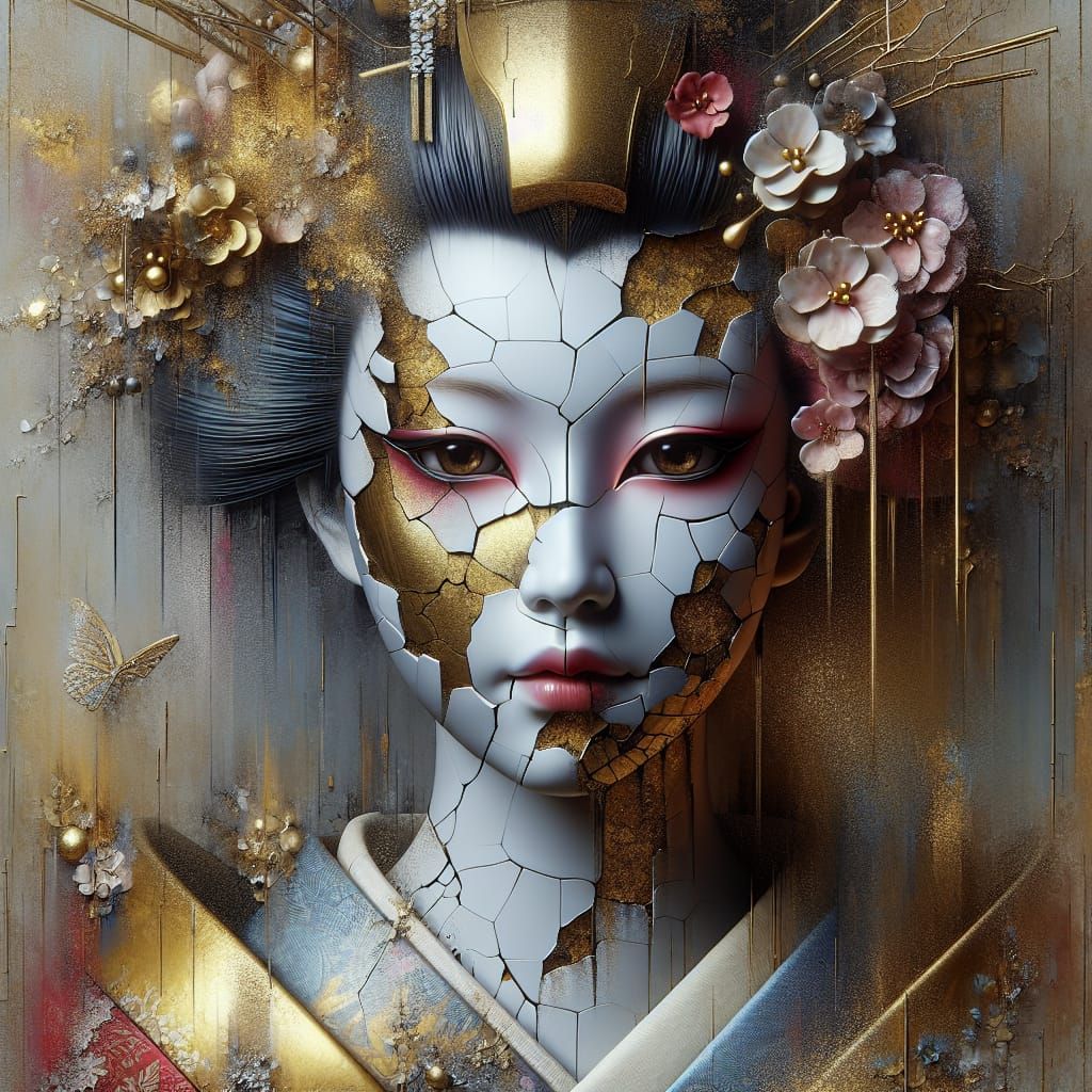 Kintsugi Geisha: Abstract Porcelain Portrait in Gold