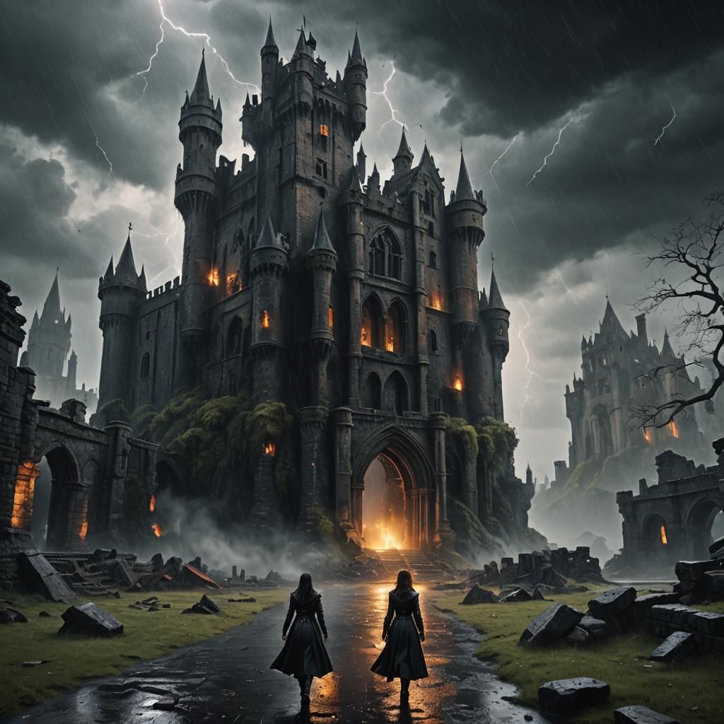 Gothic Girl in Fear at Ruined Castle