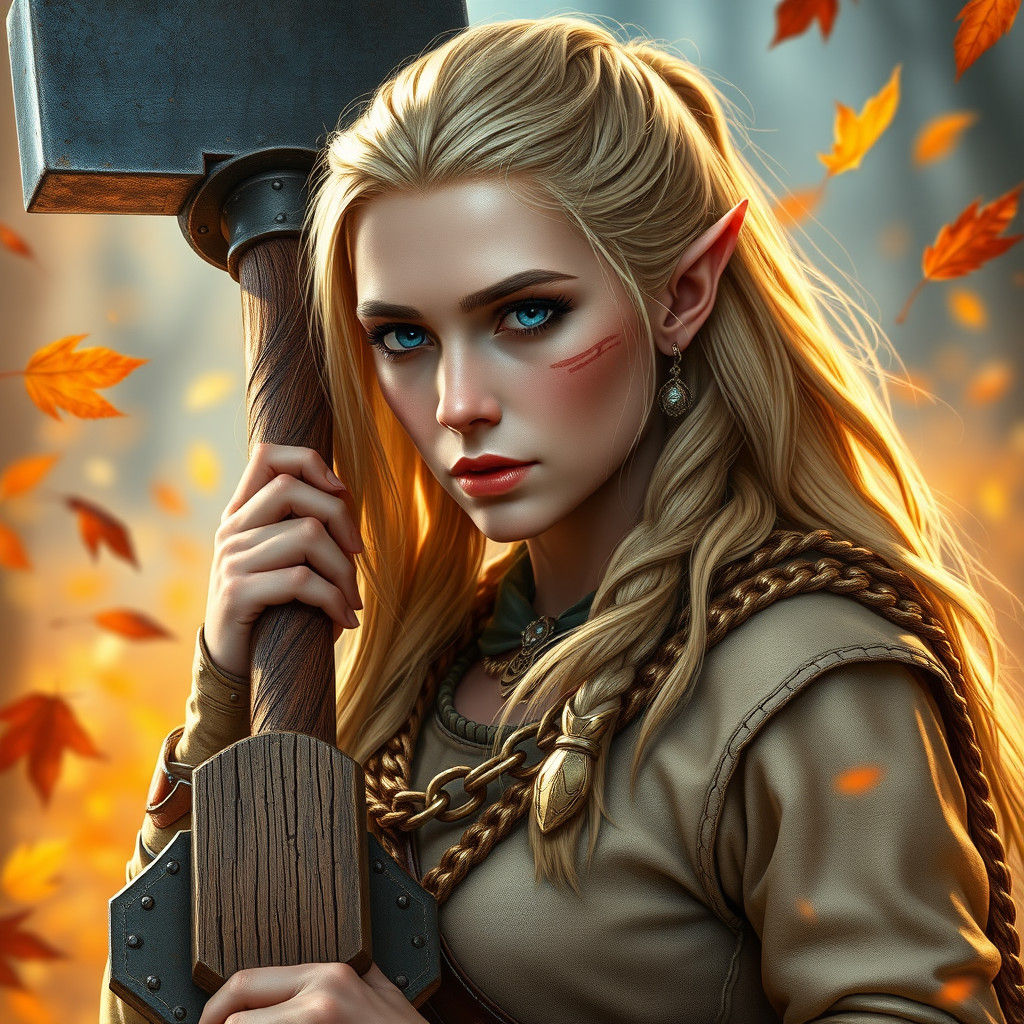 Half-Elven Barbarian with Warhammer in Fantasy Art Style