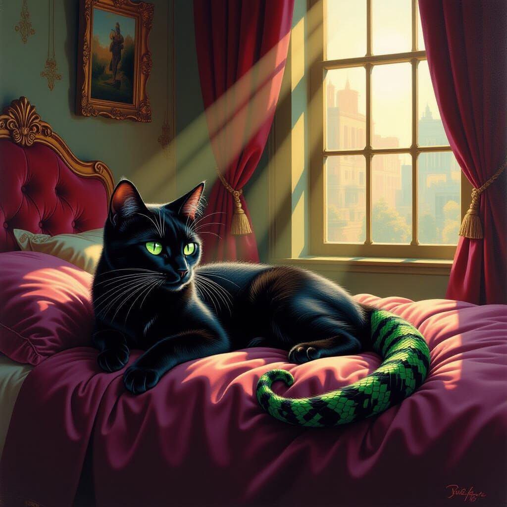 Surreal Oil Painting of Cat-Gecko Hybrid on Velvet Duvet