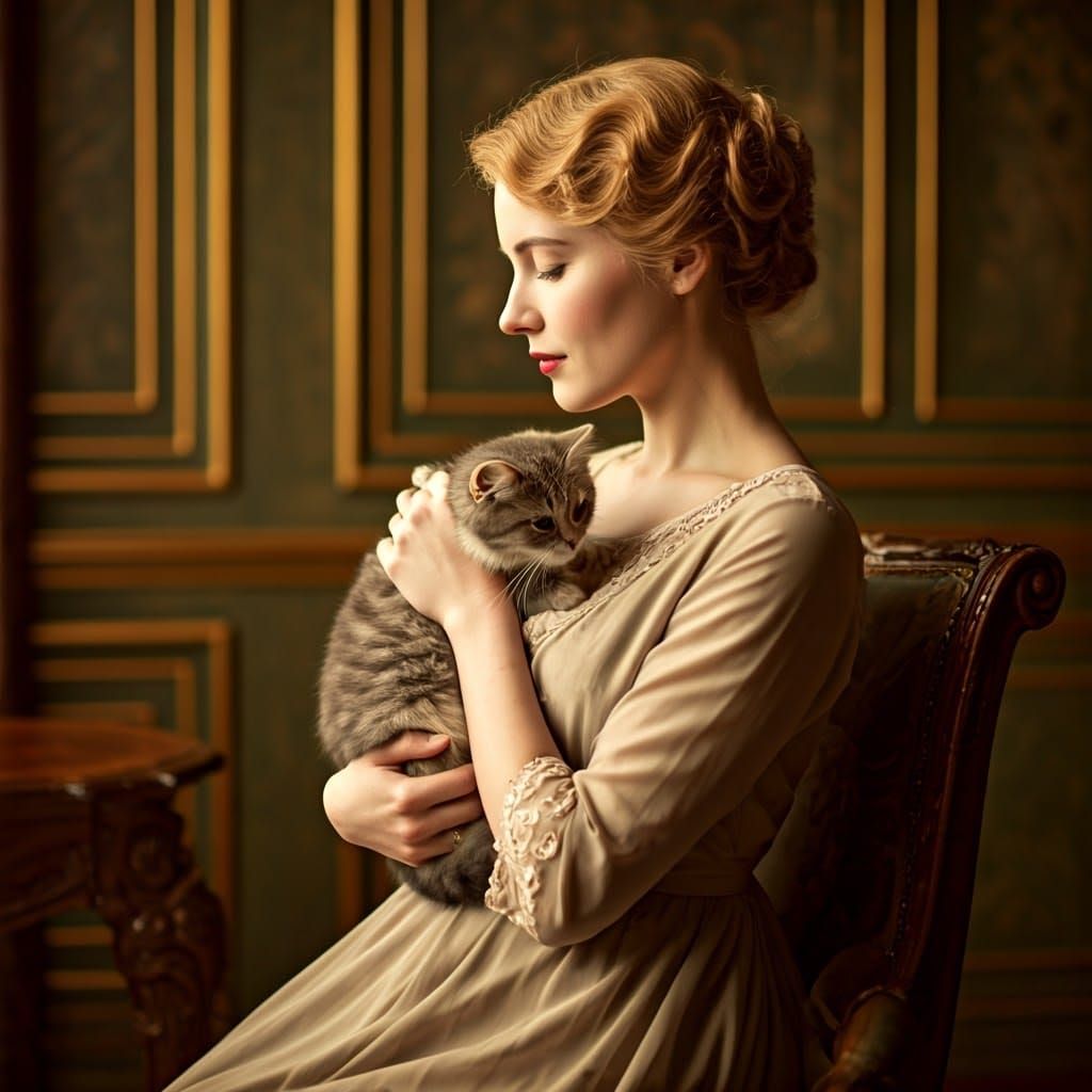 Elegant Lady Cradling Cat: Romantic Realism Painting