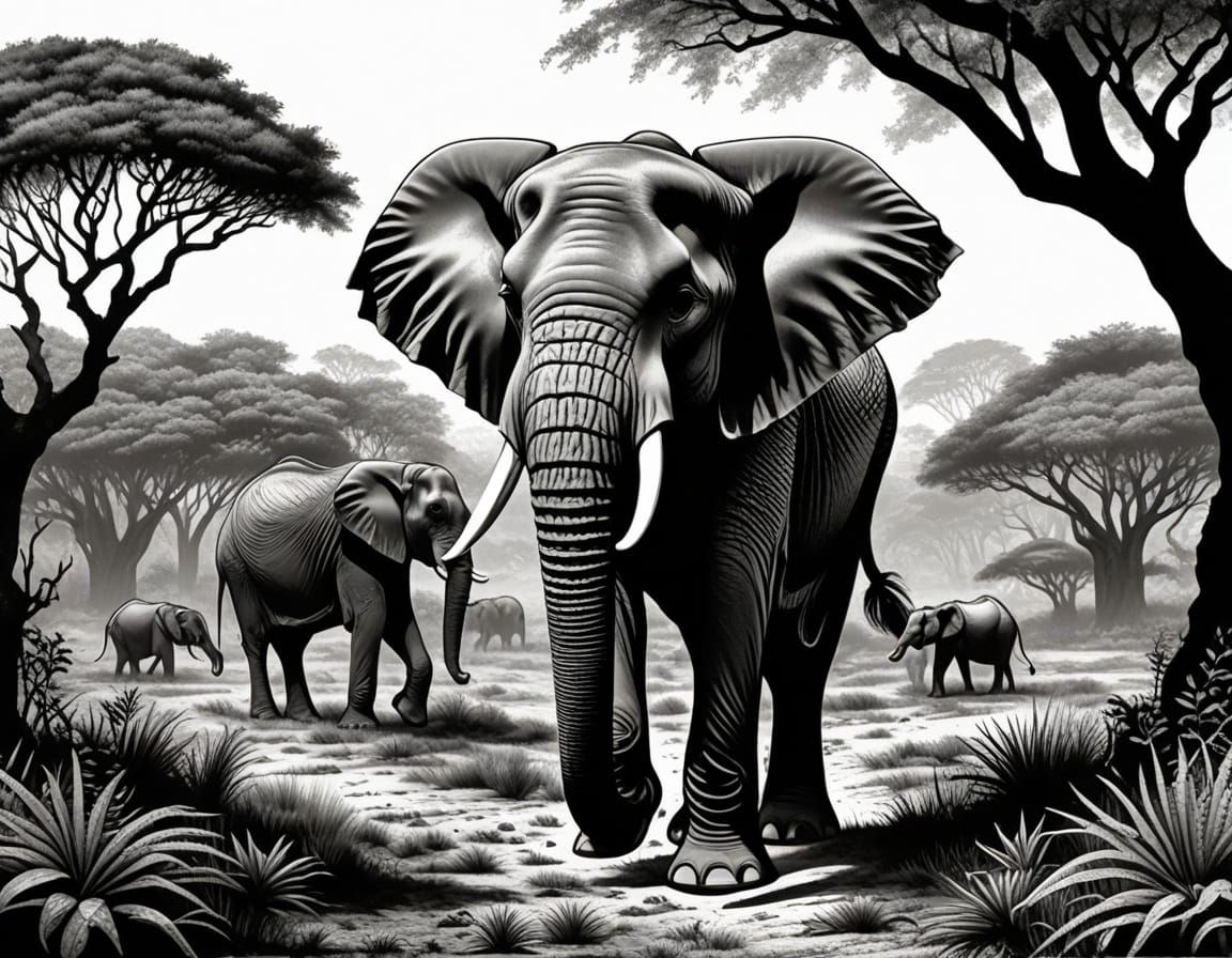 Elephant at the Savannah in Vintage Serigraphy Style
