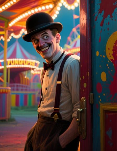 Suspicious Carnival Barker in 1930s Funhouse Entrance