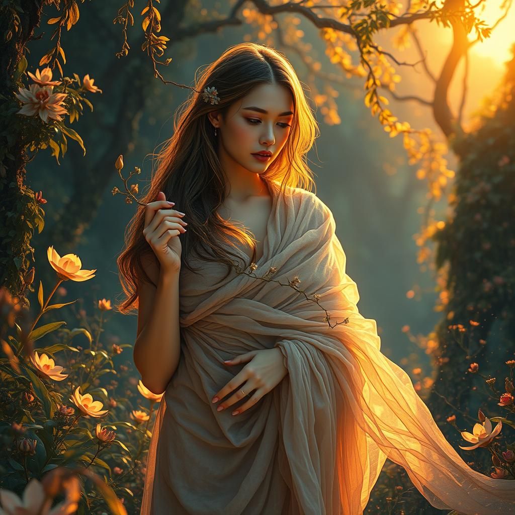 Ethereal Woman in Surreal Dawn Landscape