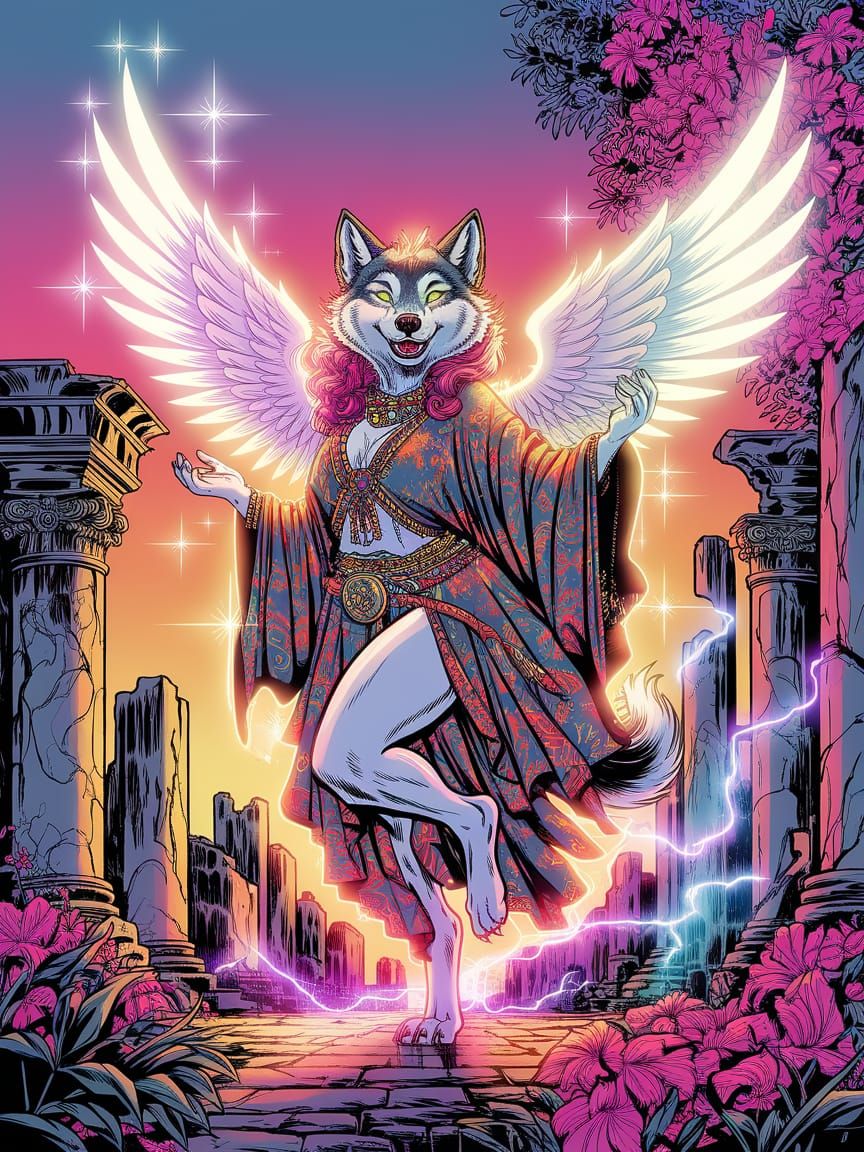 Majestic Fantasy Wolf Goddess in Vibrant, Surreal Ruins