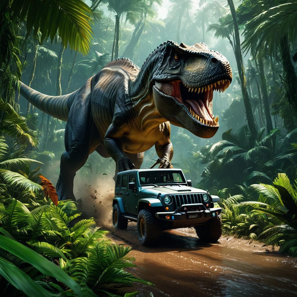 Tyrannosaurus Rex Chase in Tropical Jungle