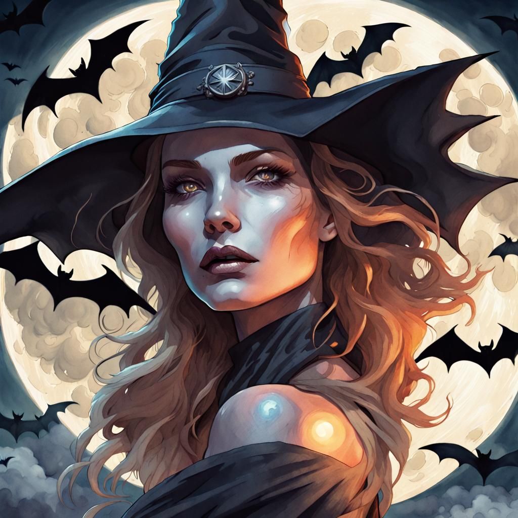 Watercolor Witch Portrait Under the Moon