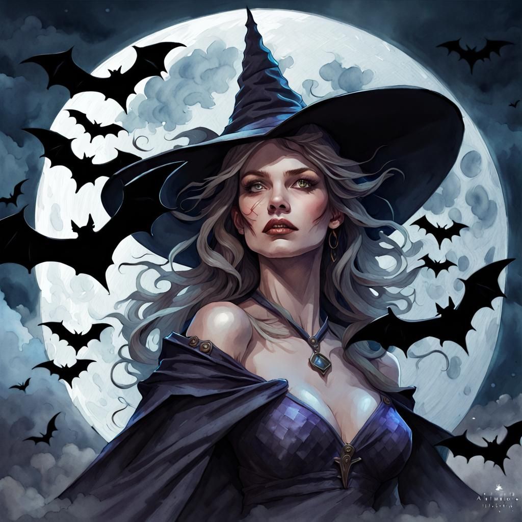 Watercolor Witch Portrait in Moonlight