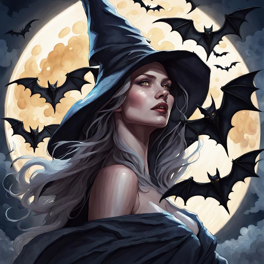 Watercolor Witch Portrait in Moonlight