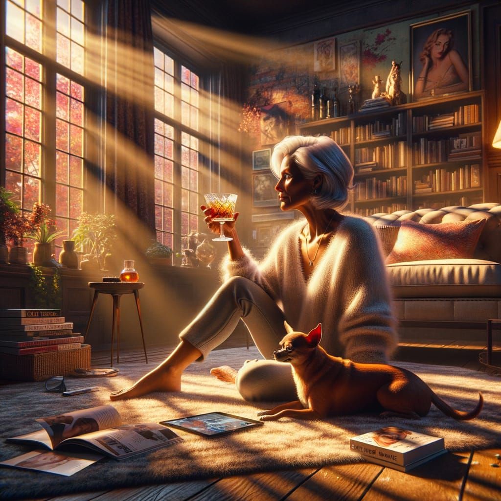 Woman Relaxing with Whiskey and Pet in a Cozy Living Room Sc...