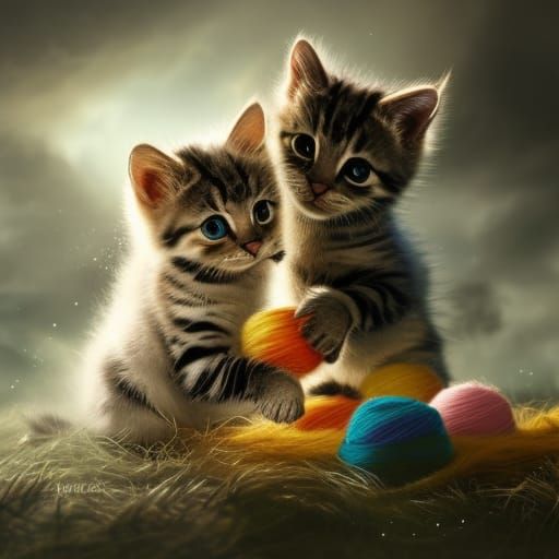 Hyperrealistic Kittens Playing with Yarn: Digital Art