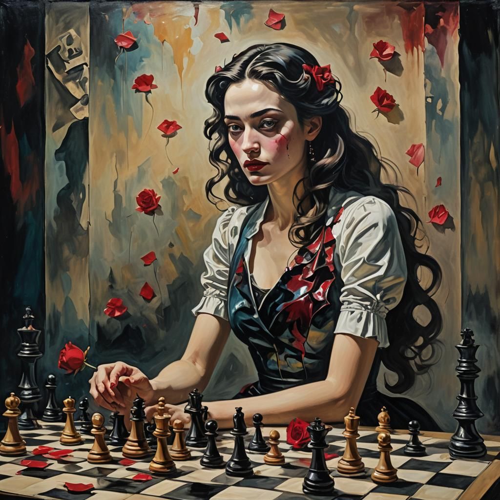 Surreal Chess Game in Dimly Lit Theater