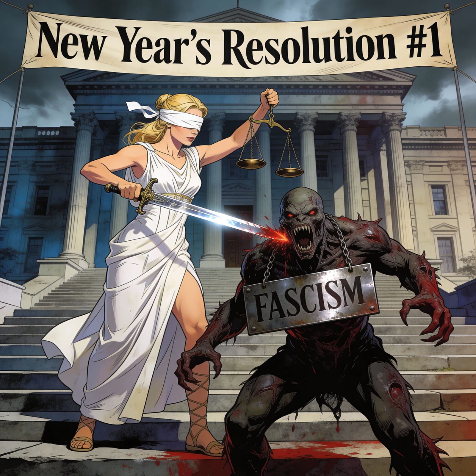 Lady Justice Defeats Fascism on Courthouse Steps