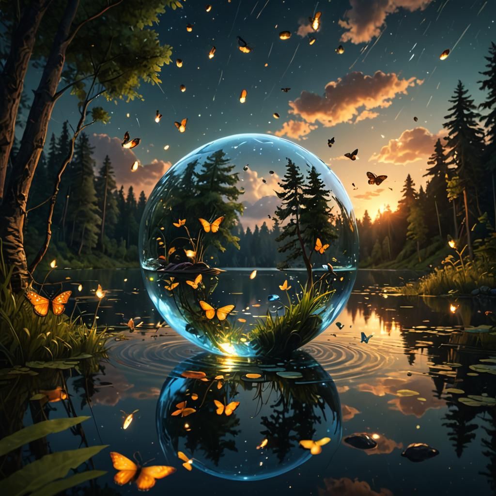Glass Sphere with Fireflies Reflecting Evening Sun