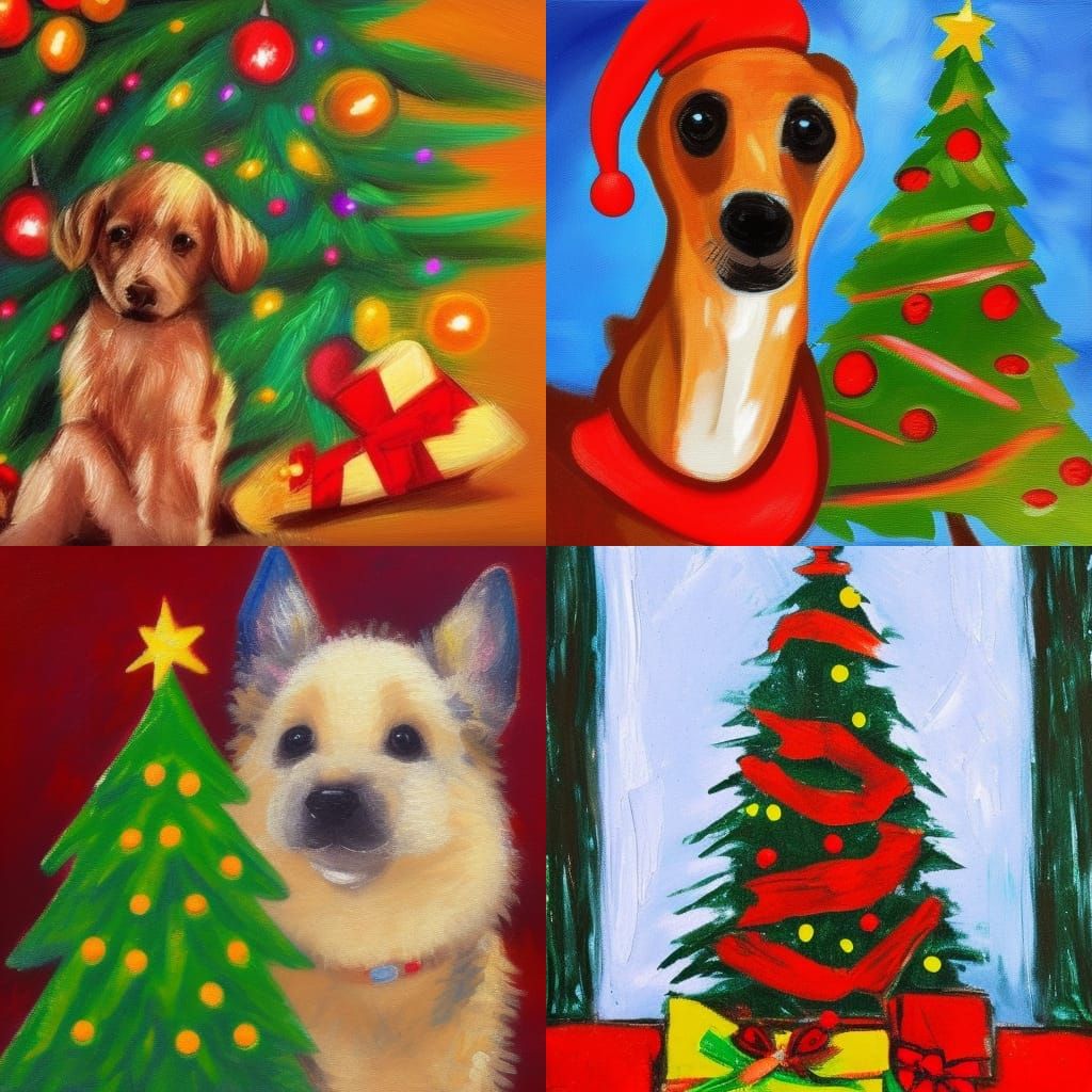 Cute Dog under Christmas Tree, Expressionist Painting