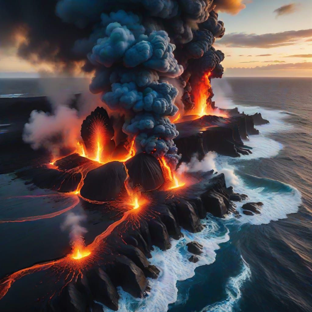 Dramatic Volcanic Eruption Under Golden Hour Light