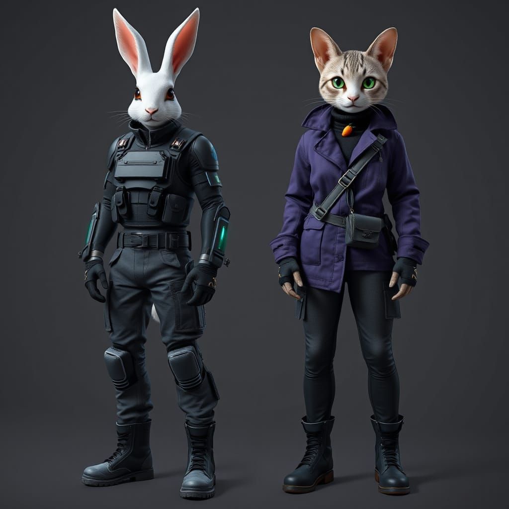 Lean Rabbit-Man in Tactical Gear with Cat-Girl Companion