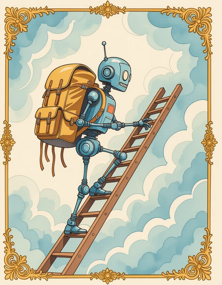 Surreal Robot Climbing Ladder in Watercolor Style