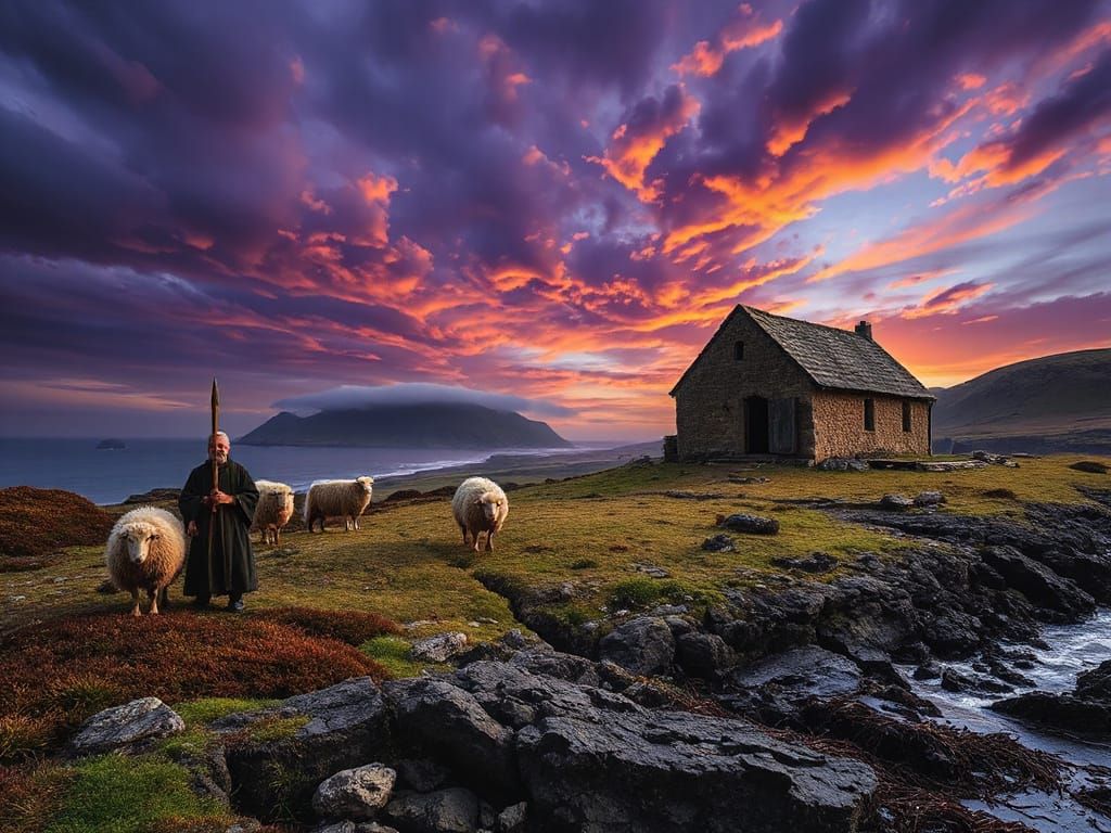 Monks on Iona Island, Scotland, 997 AD, in Impressionist Sty...