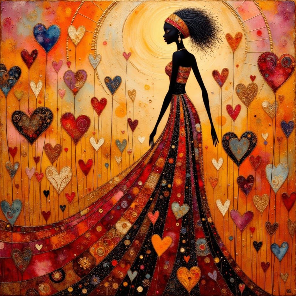 African Princess Silhouette with Swirling Hearts in Encausti...