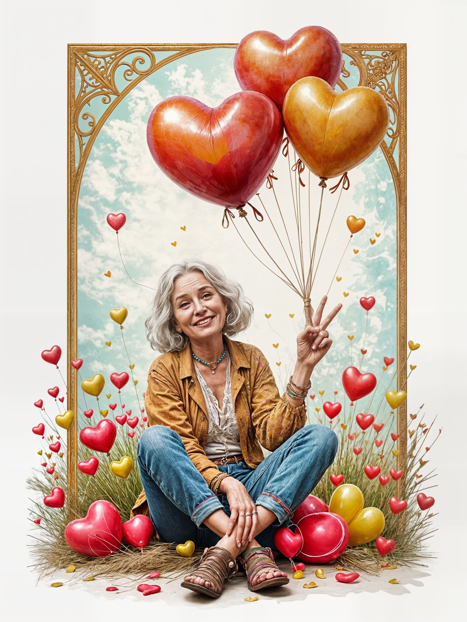 Boho Vintage Woman with Peace Sign and Heart Balloon