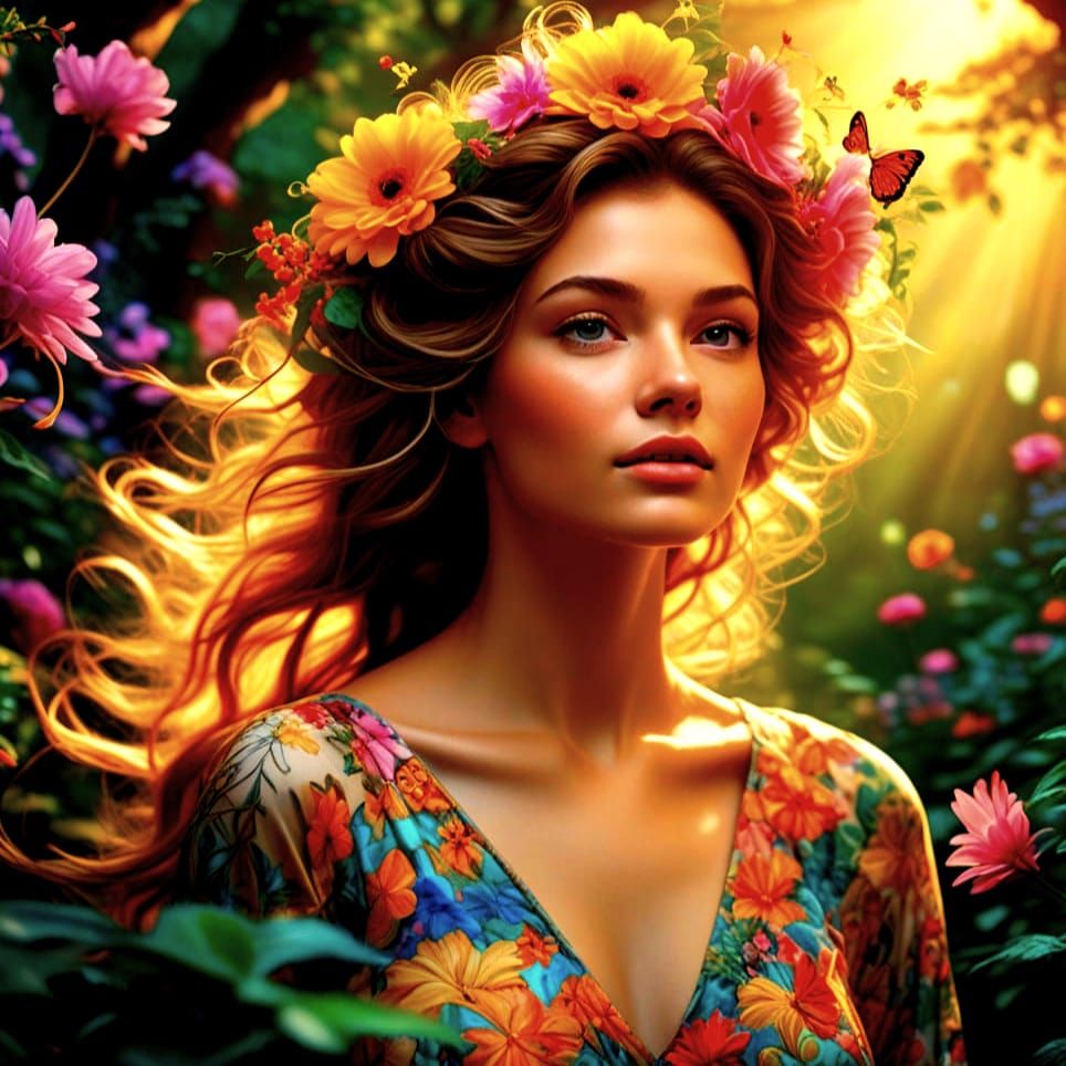 Beautiful Woman Surrounded by Blooming Flowers in a Lush For...