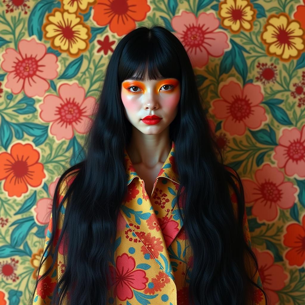 Sixties Model in Floral Coat, Retro Fashion Art