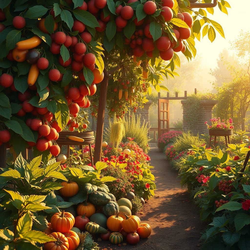 Vibrant Fantasy Garden in Warm Morning Light