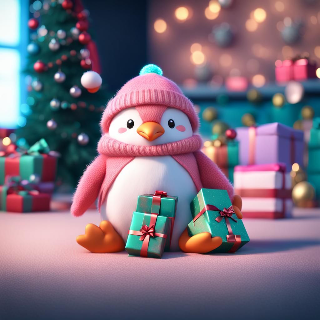 Festive Furry Penguin in 3D Digital Art