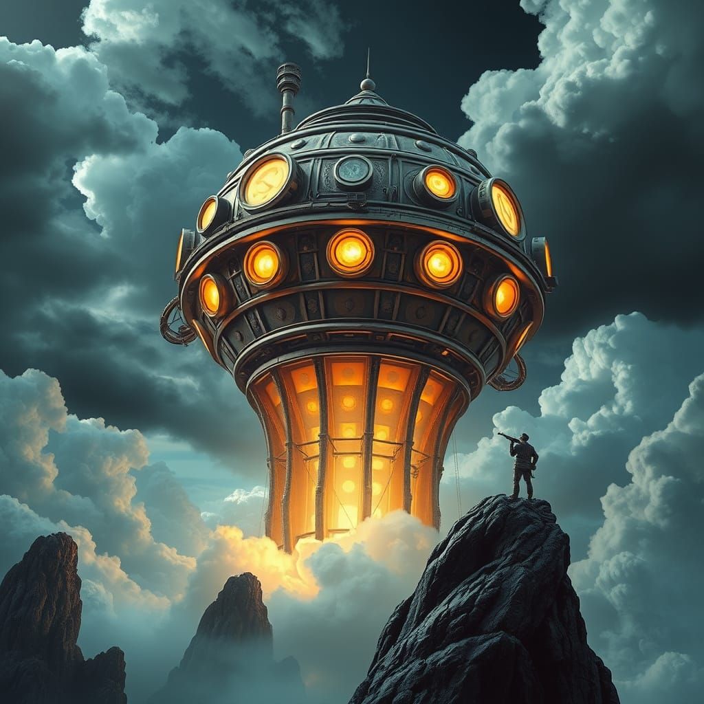 Steampunk Lighthouse in Apocalyptic Storm, Inspired by Syd M...
