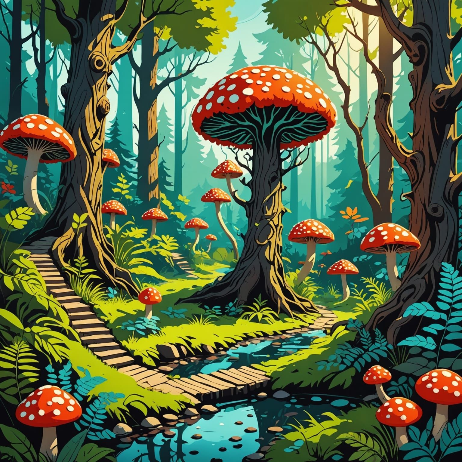 Surreal Forest in Pop Art Style with Colorful Foliage