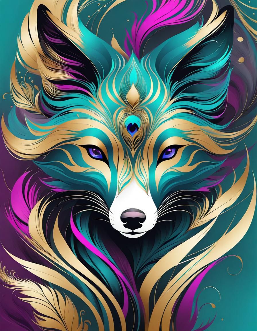 Abstract Fox Peacock Hybrid in Teal and Gold