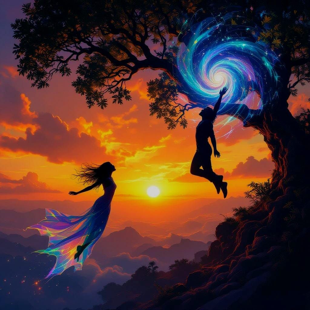 Surreal Silhouettes in a Dreamlike Glitchcore Landscape