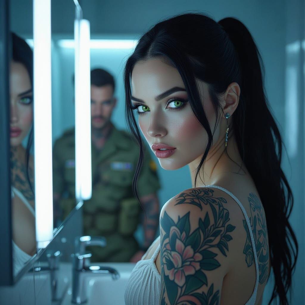 Intense Woman in Mirror, Cinematic and Hyperrealistic