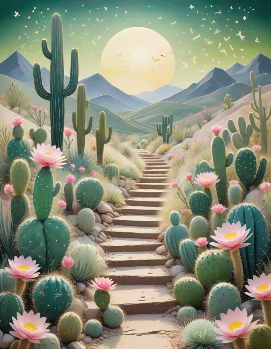 Cactus Stairway to Musical Sky in Surreal Style