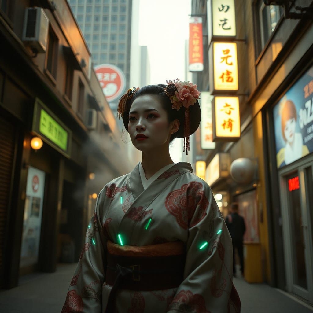 Cyberpunk Geisha with Neon Circuits and Kimono