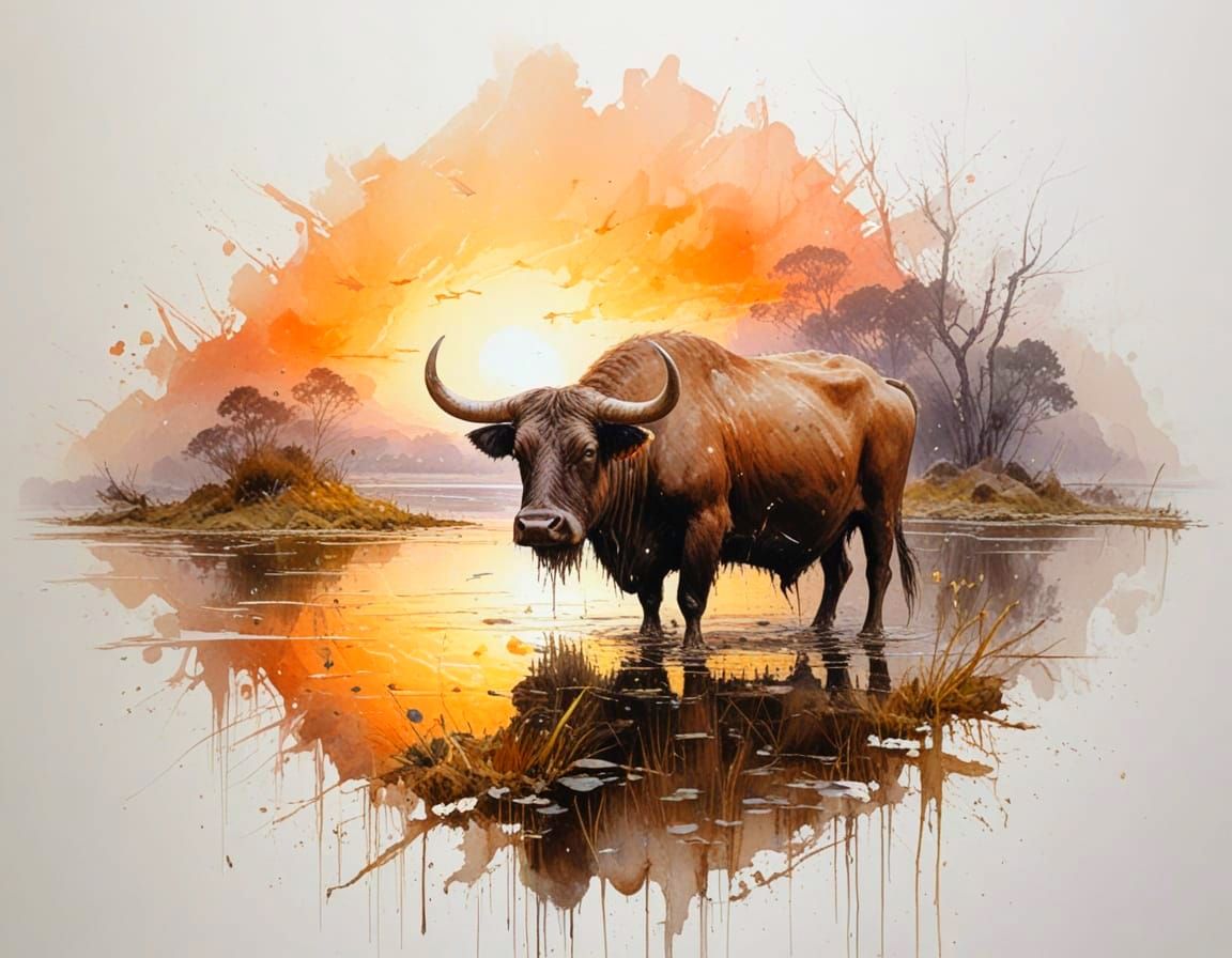 Sunset Over Water Buffalo in Molten Rice Terraces Oil Painti...