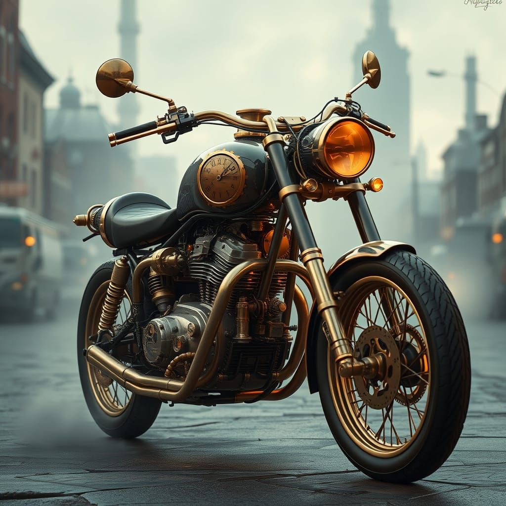 Steampunk Car-Motorcycle Hybrid in Industrial Cityscape